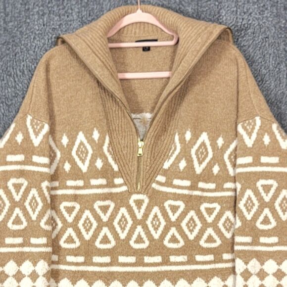 J Crew Sweater Womens L/XL Brown Relaxed Half Zip in Geometric Knit BD643 - Picture 2 of 13